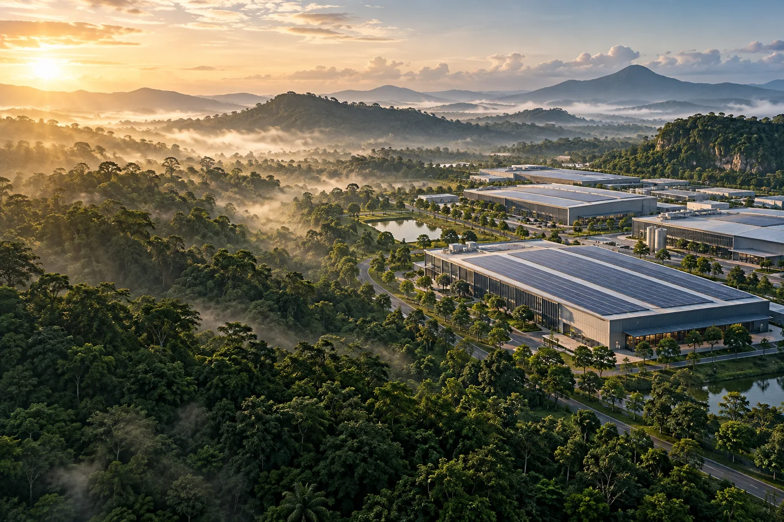 Gambaran ilustrasi industri bertenaga solar dan landskap tropika